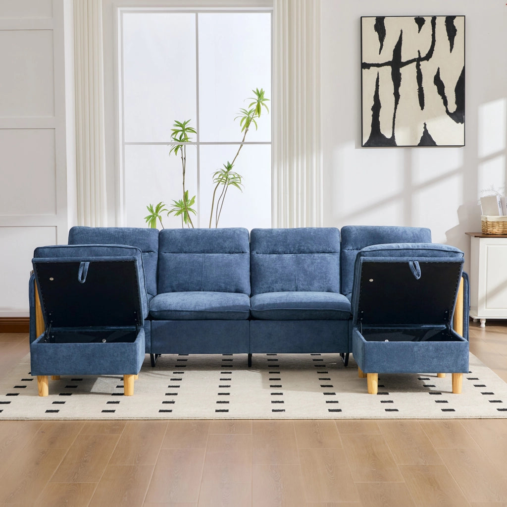 Divano modulare a U per 4 posti con 2 pouf contenitore; in chenille blu; 261 cm