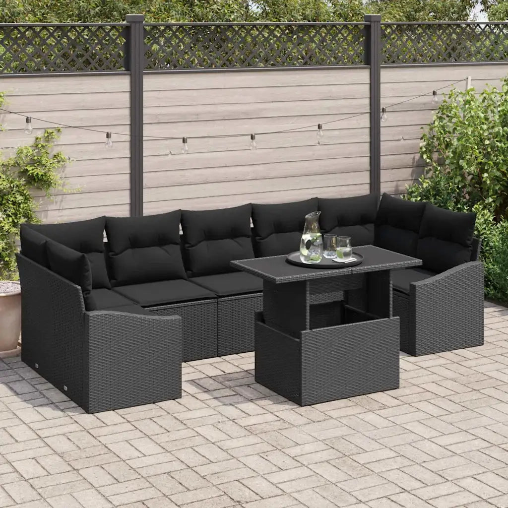 Set Divano da Giardino con cuscino 8 pcs Nero polyrattan