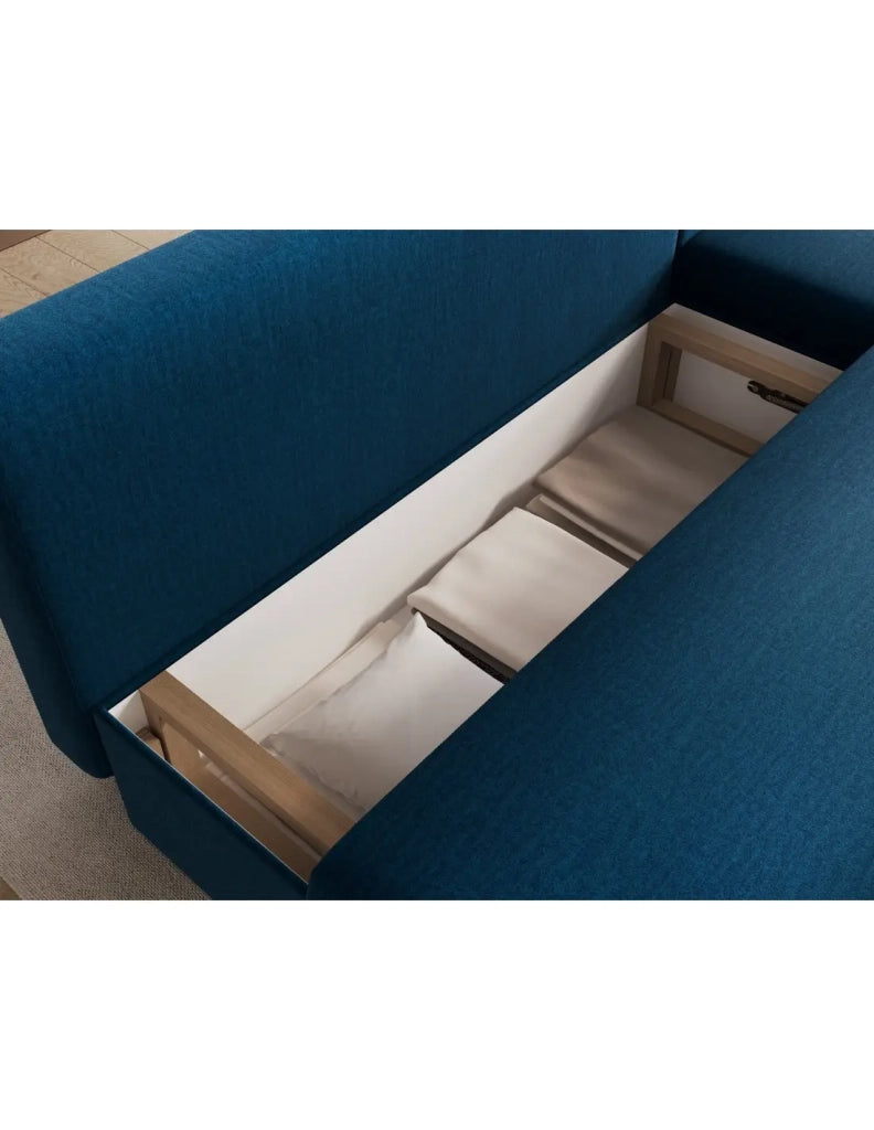 Divano ad angolo Blu notte 3 posti compatto con contenitore 206x90x146cm GINA