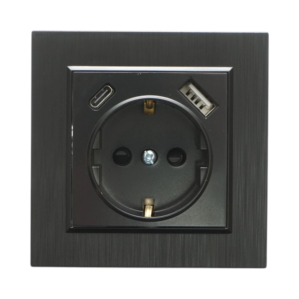 Presa Schuko da incasso nera 220V, 16A, 2xUSB A+C 5V 2.1A, ABS 80x80mm