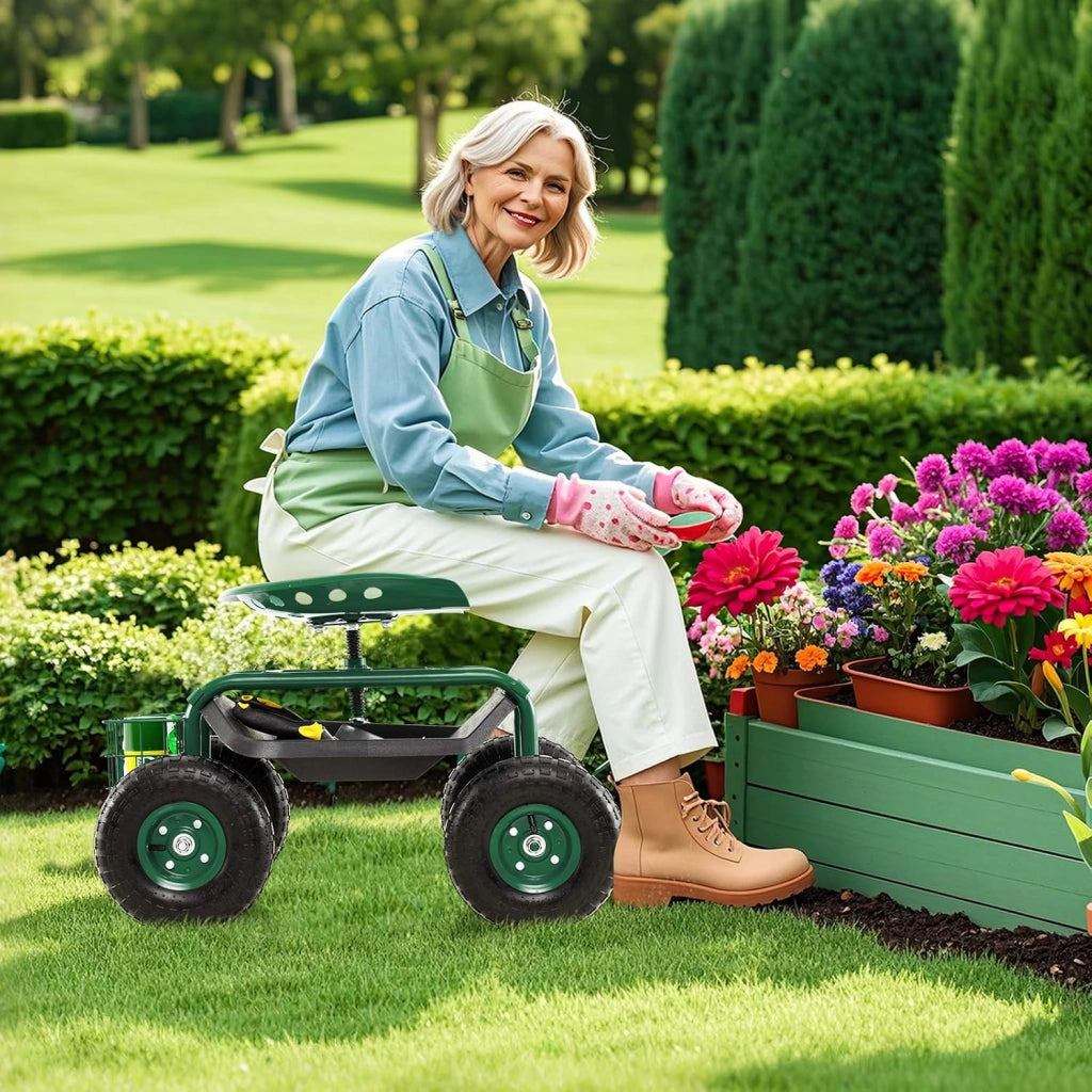 Sgabello per Giardinaggio con Ruote, Sedile da Giardino Regolabile in Altezza con Manico Estensibile, Cesto Portaoggetti, 2 Vassoi e 4 Ruote in Gomma (82,5 x 45,5 x 45,5-54,5 cm)