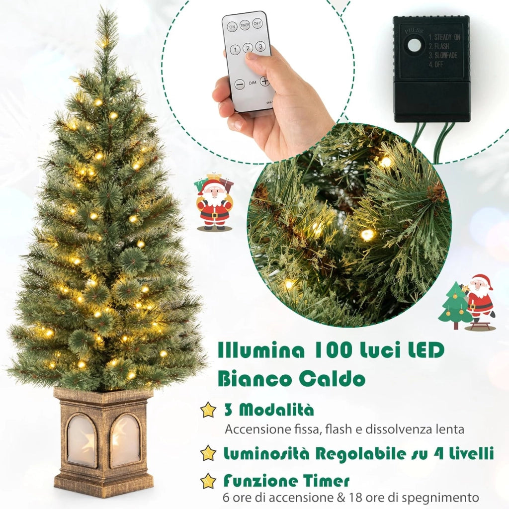 Albero di Natale Piccolo da Tavolo 120 cm, Albero di Natale Artificiale in Vaso con Luci e Rami Densi, Decorazione Natalizia per Casa, Ufficio e Negozio (Verde e Bronzo)