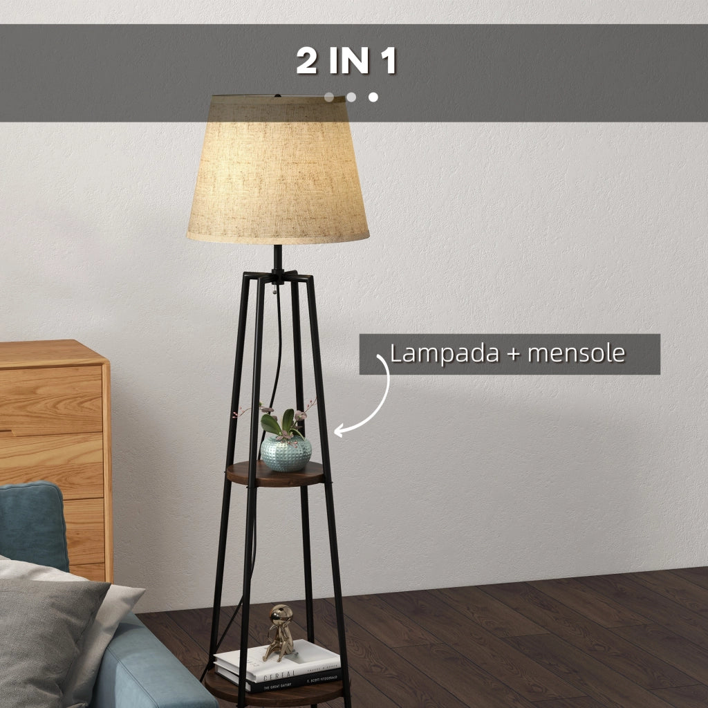 Lampada da Terra a 2 Ripiani in Metallo e MDF con Paralume in Tessuto, ?42x166 cm, Nero e Marrone