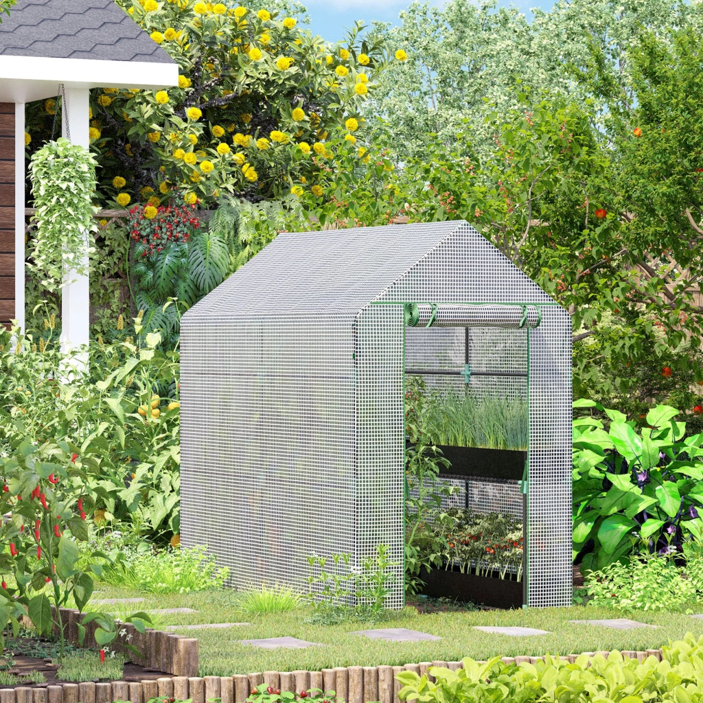 Serra da Giardino a Casetta con Rivestimento in PE ¨C Xylo ¨C 4 Ripiani, Porta a Cerniera, 186x120x190cm, Bianco