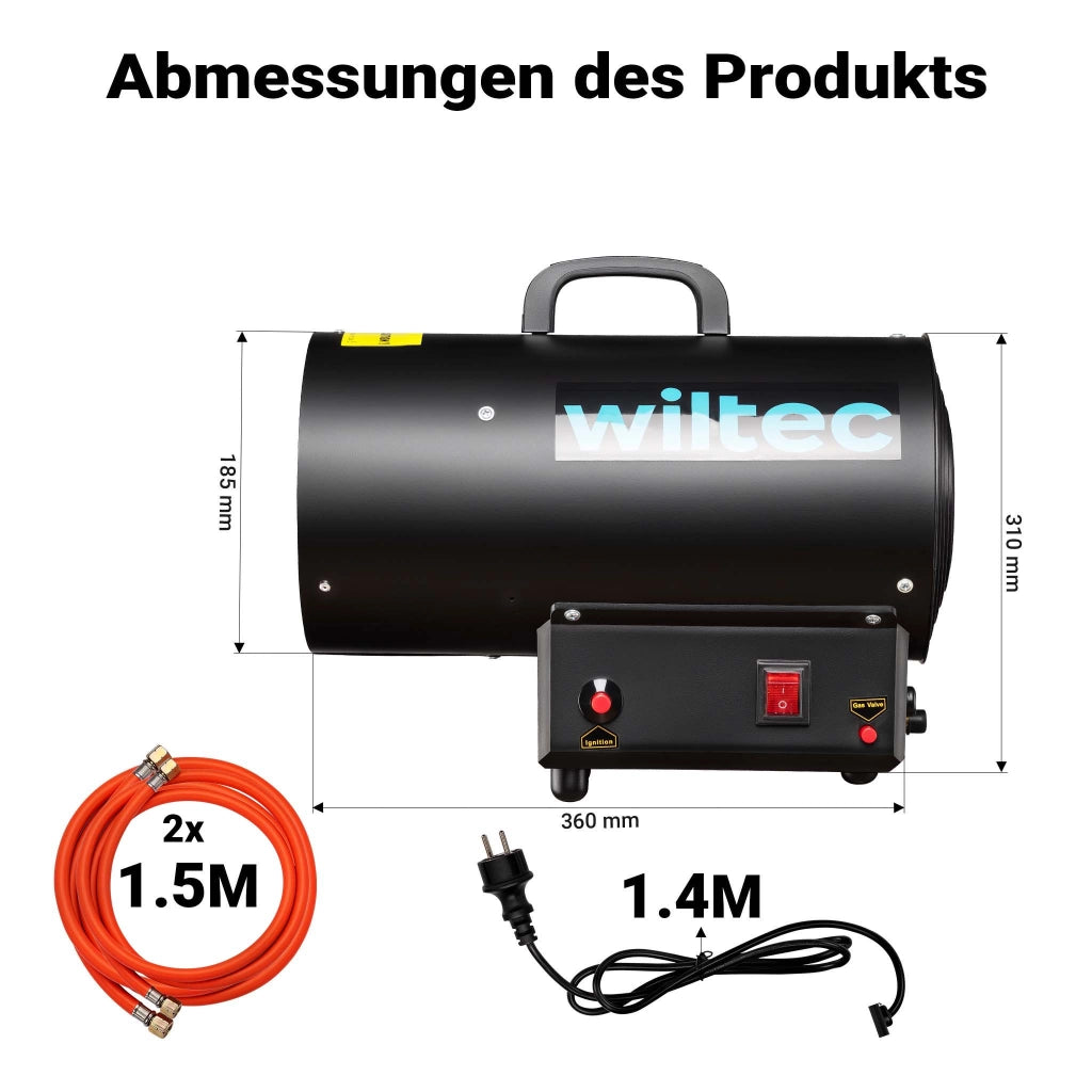 Generatore di calore a gas GPL, 15 kW 30 W 320m³/ora, cannone aria calda con avviamento piezoelettrico, incluso riduttore di pressione del gas per la Spagna 700 mbar con tubo da 1,5 m