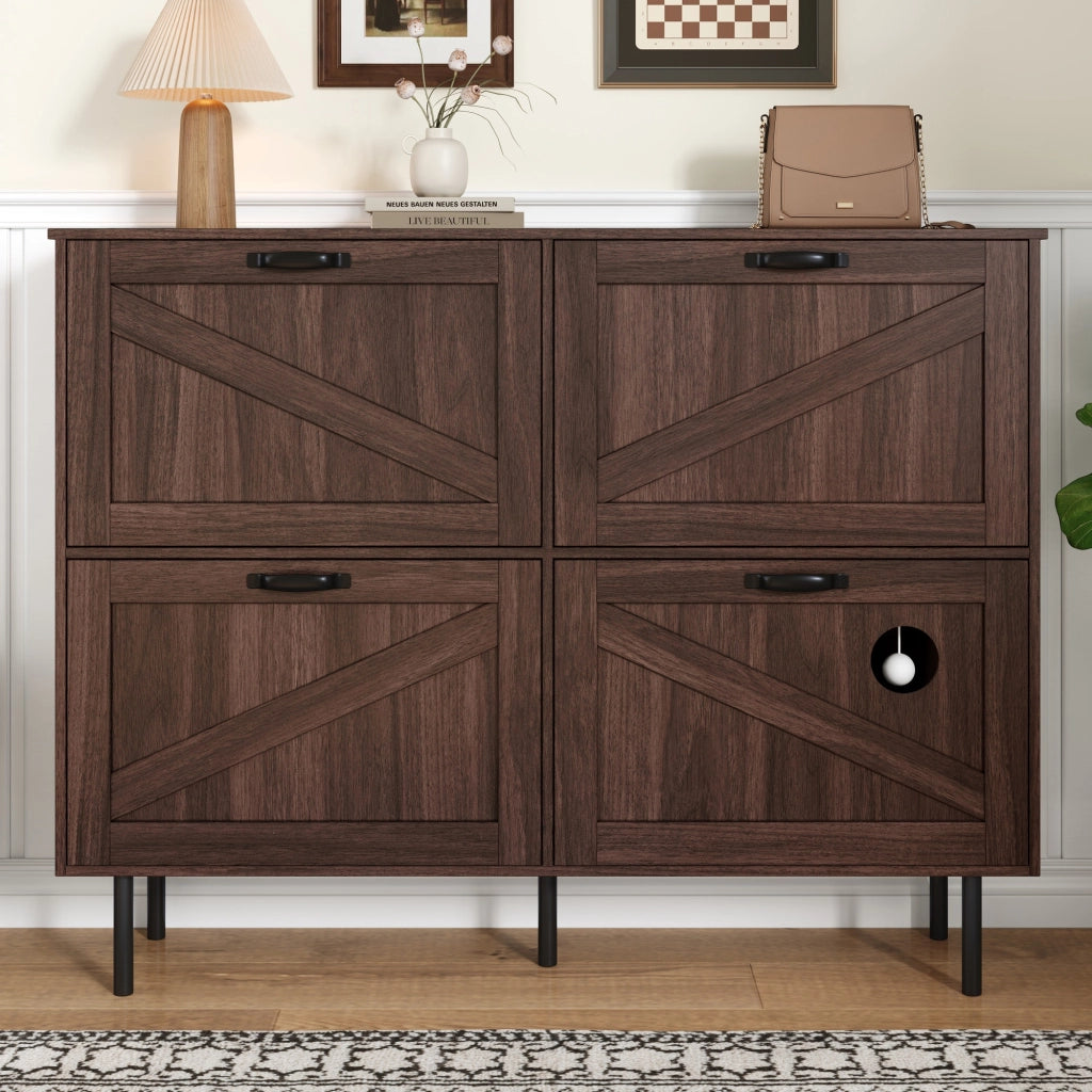 OKWISH Scarpiera con 4 Ante e 3 Ribalte, Gioco Integrato per Gatto, per Ingresso, Noce Naturale 120 x 28 x 92 cm