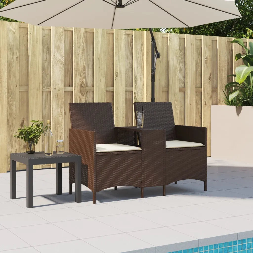 Divano a 2 Posti con Tavolo e Cuscini-Sofa 2 Posti Marrone in Polyrattan