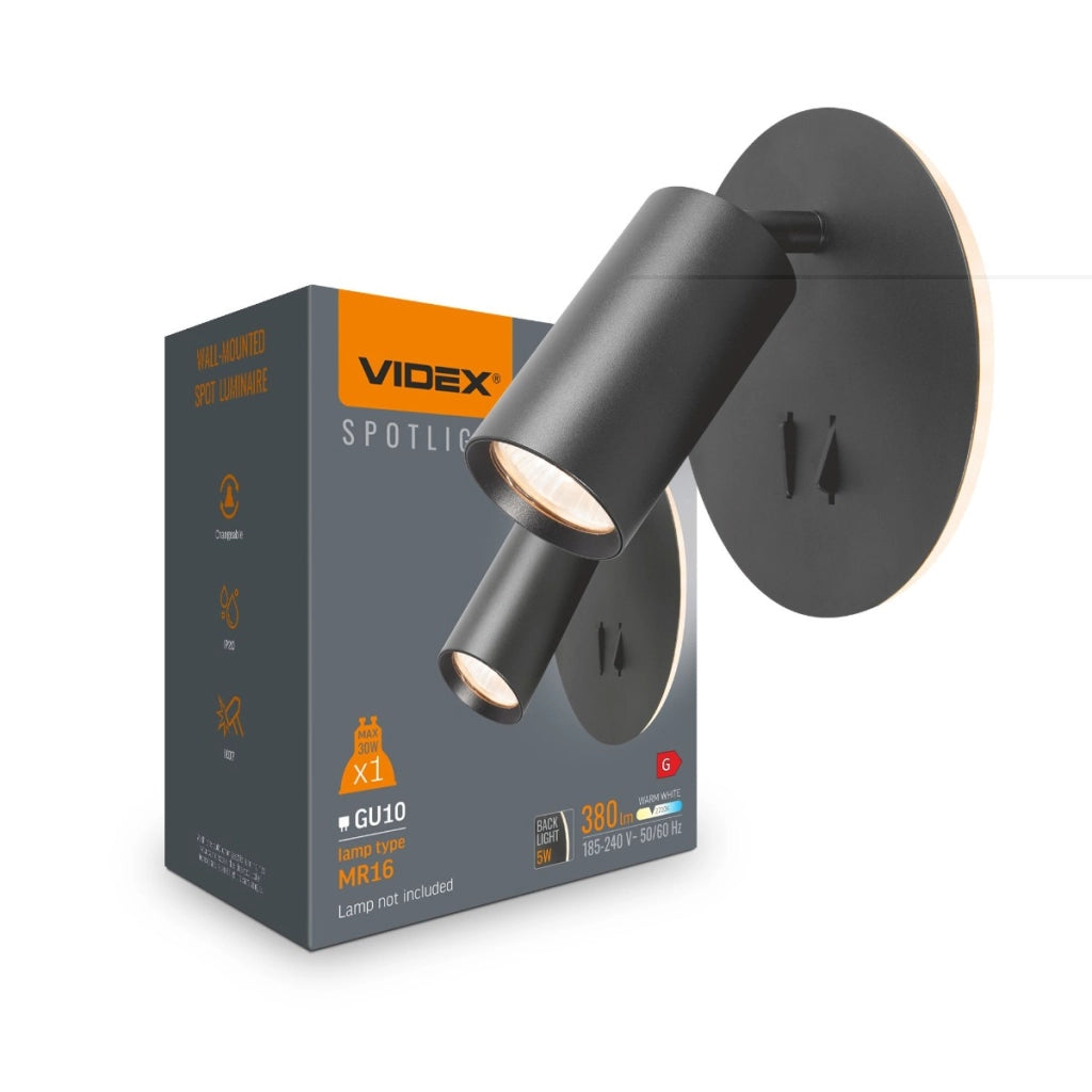 Applique camera nera LED 5W + GU10 doppio interruttore Videx