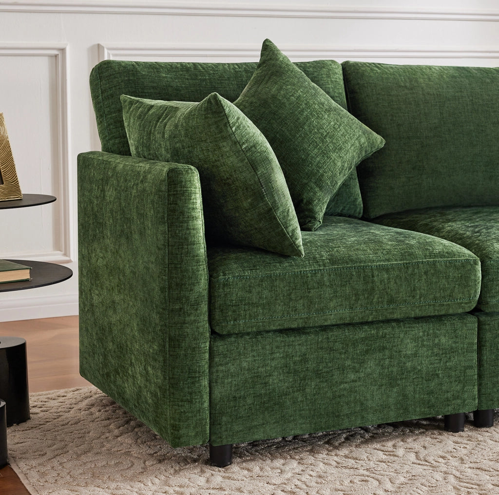 Divano modulare angolare a L 216x161x81 cm in chenille verde con 4 cuscini