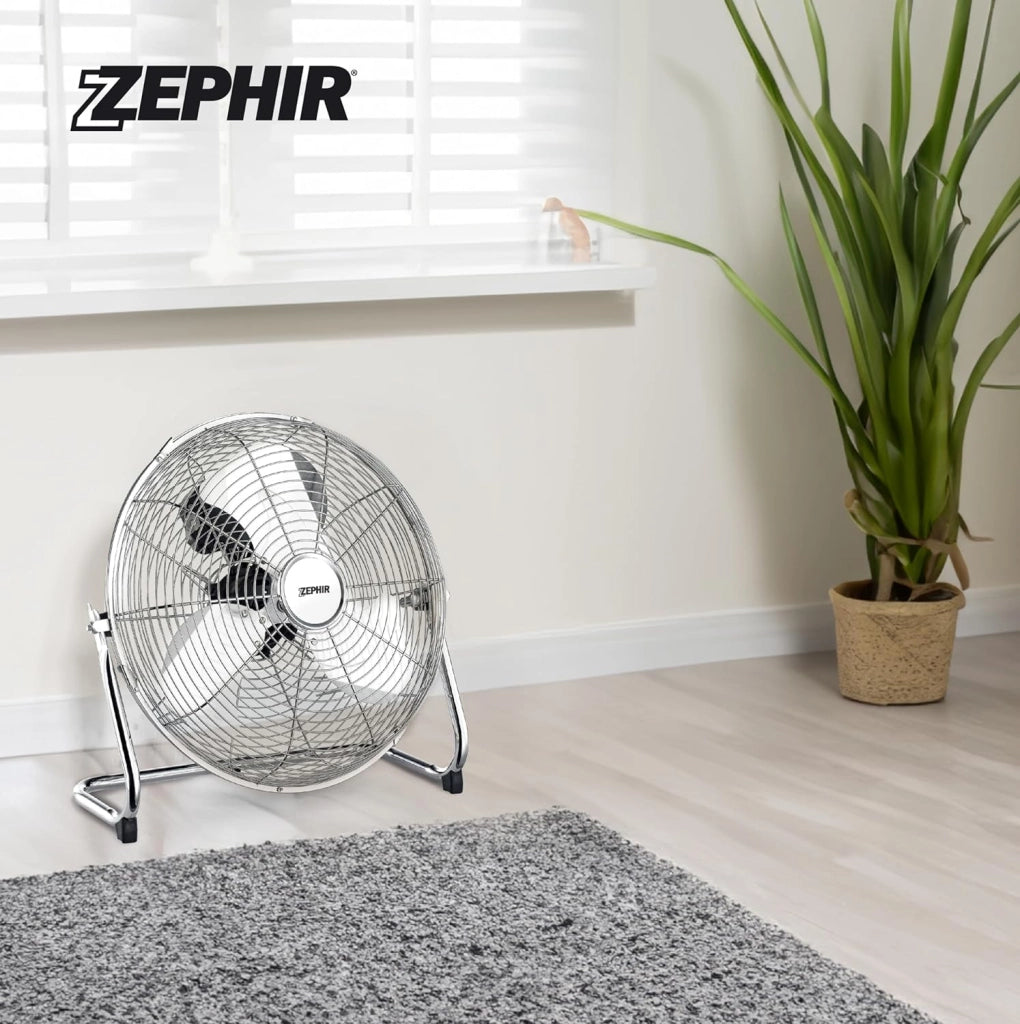 Zephir, Ventilatore Industriale da Pavimento, Alta Velocità, Acciaio Cromato, Pala 35cm, Inclinazione regolabile, Potenza 70W