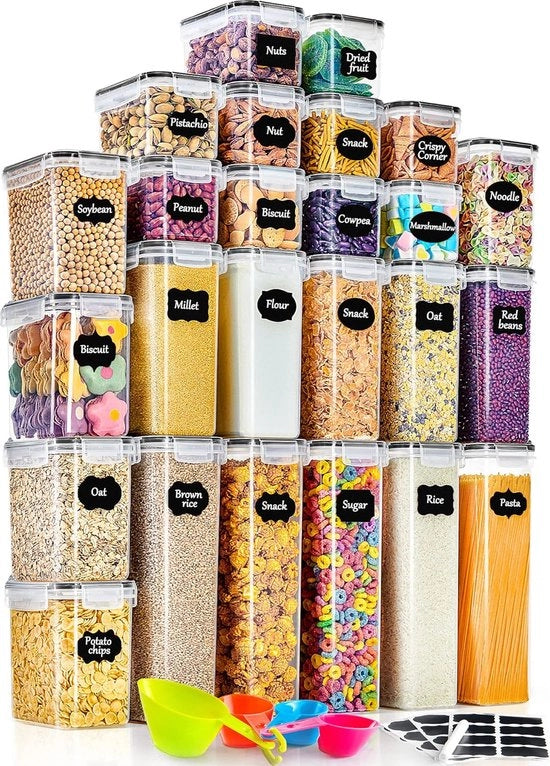 Set di contenitori in plastica a chiusura ermetica, 25 pezzi, organizzatore di cucina, adatto per conservare muesli, farina, caffè, cornflakes, spaghetti e simili, formati: 2,8 l, 2 l, 1,4 l, 0,8 l