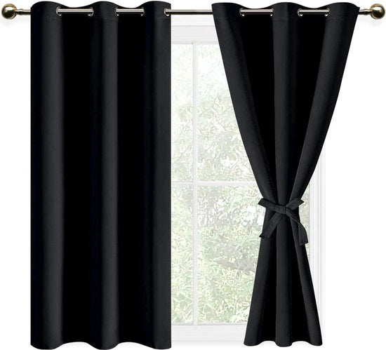 Tende da notte termiche con anelli, pronte da appendere - Set di 2 - Camera da soggiorno e cucina - 117x137 cm - Tende blackout nere