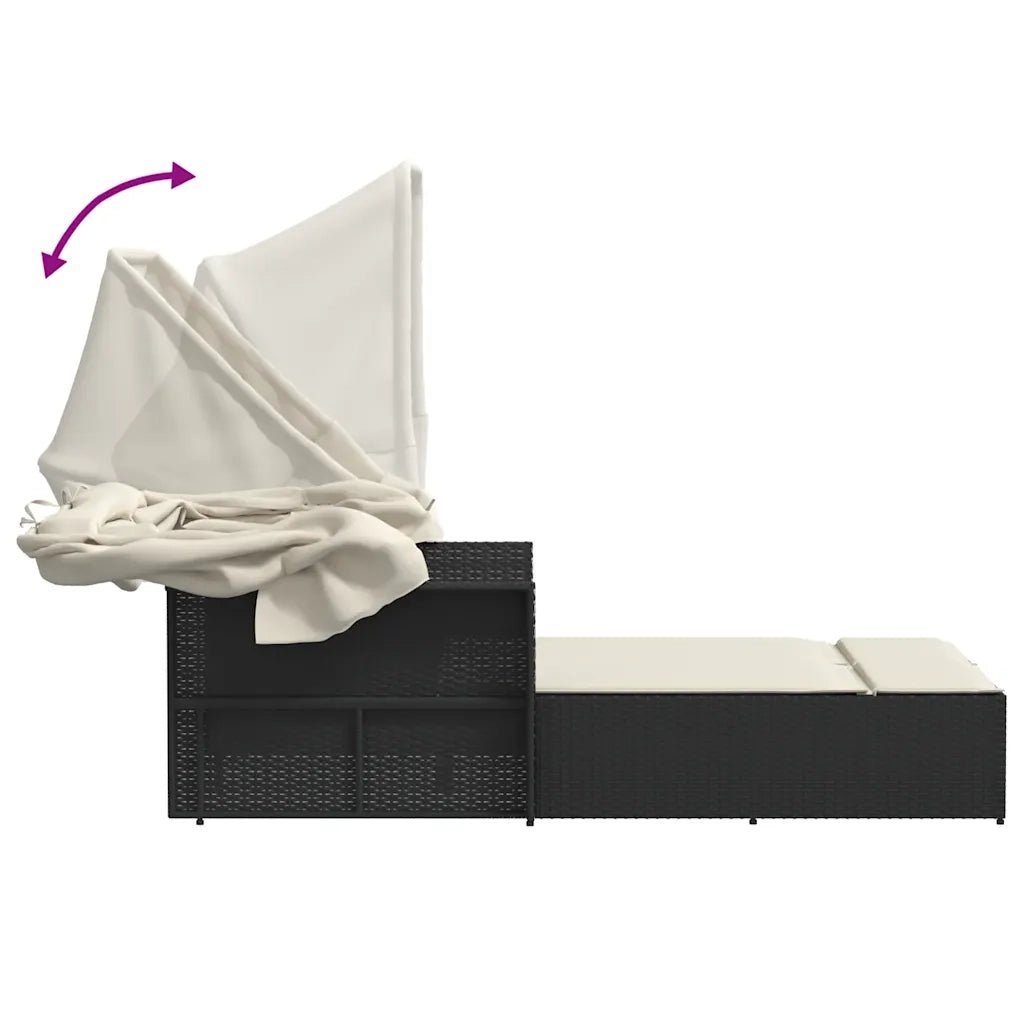 Lettino Prendisole Doppio Baldacchino e Cuscini Nero Polyrattan 365806