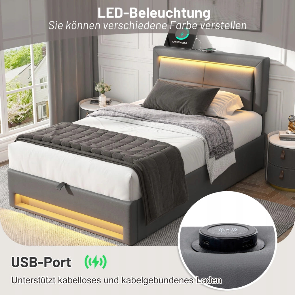 Letto imbottito 90x200 - Xylo - Grigio, USB, LED, con ripostiglio