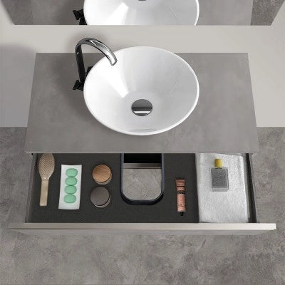 Mobile bagno sospeso 80 cm grigio cemento con top e specchio tondo Master