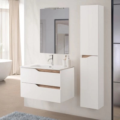 Mobile bagno sospeso 100cm bianco e quercia con pensile e lavabo Sumya