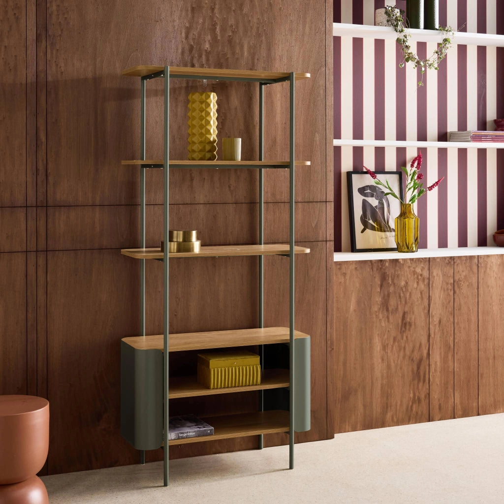 Libreria in metallo curvato e legno a 6 livelli, verde