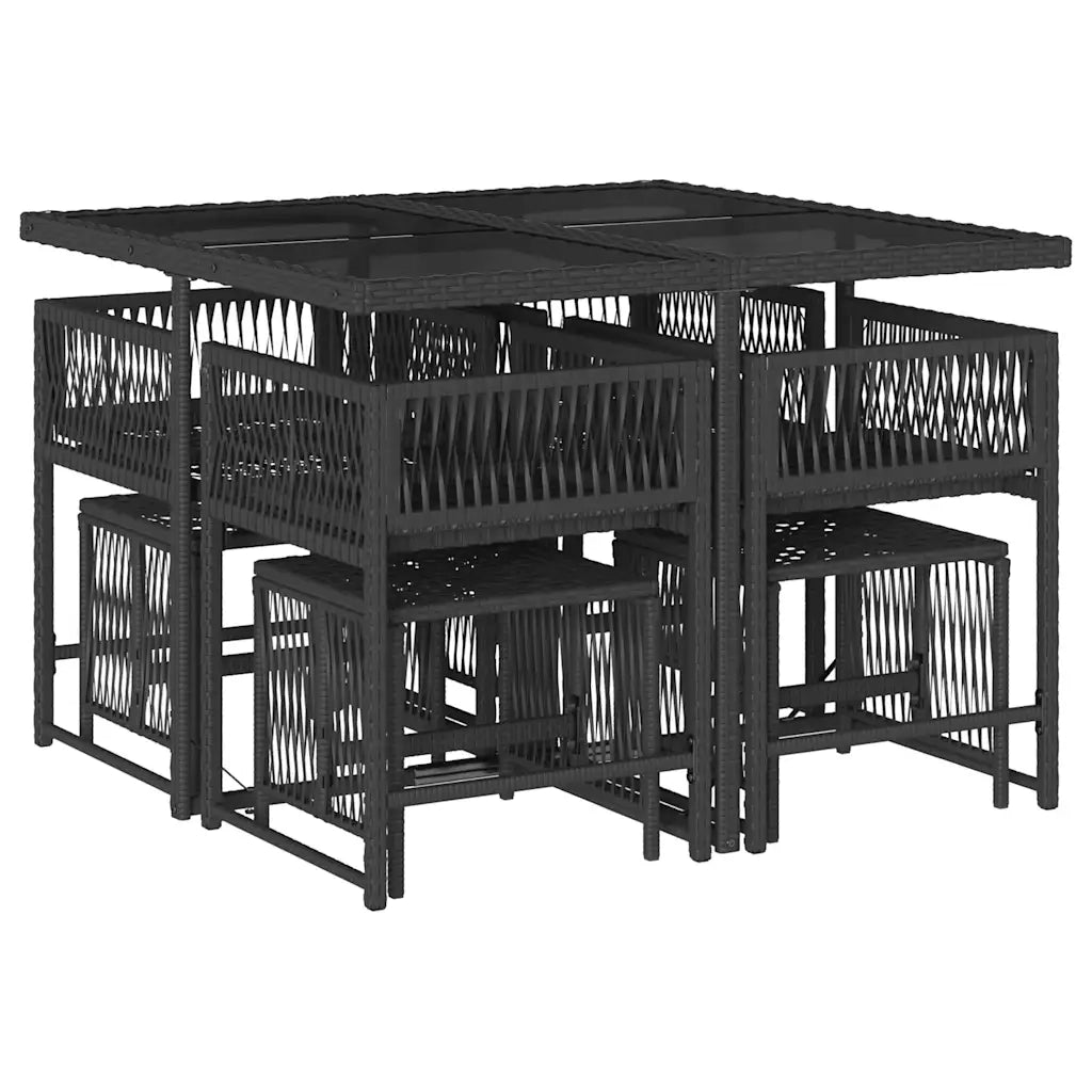Set da Pranzo da Giardino 9 pz con Cuscini Nero in Polyrattan