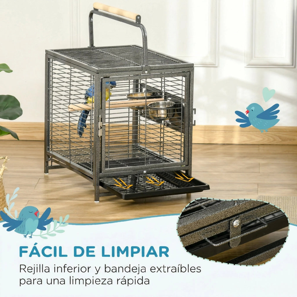 Gabbia per Uccelli Portatile ¨C Xylo ¨C 2 Trespoli in Legno, 2 Mangiatoie, Vassoio Estraibile, 48x38x47,8 cm, Nero