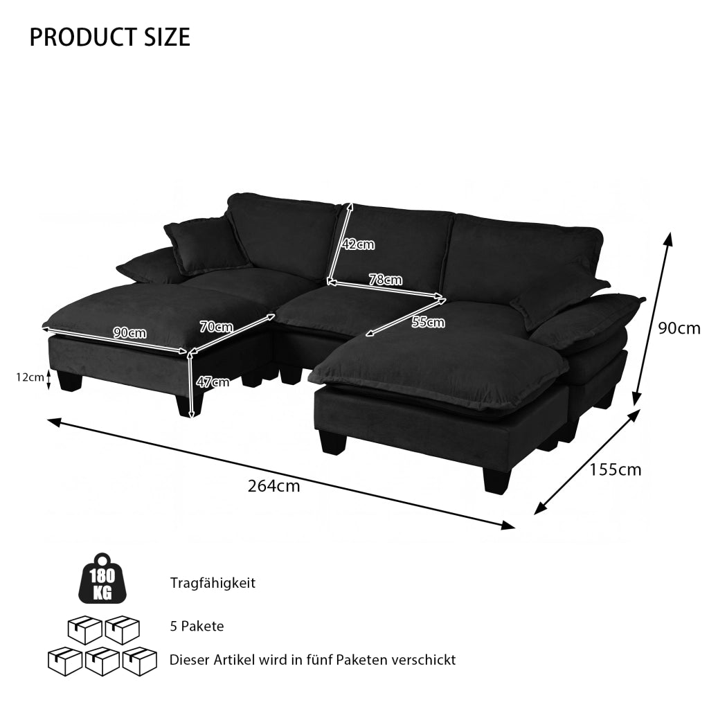 Divano modulare a U con ottomane mobili e cuscini, rivestimento in chenille nero 263 × 151 × 90 cm