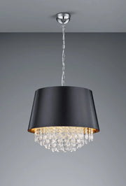 LORELEY SOSPENSIONE CROMATA PARALUME STOFFA NERO INTERNO ORO CON PENDAGLI TRASPARENTI D. 50CM 3 LUCI ATTACCO E14