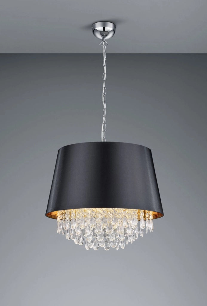 LORELEY SOSPENSIONE CROMATA PARALUME STOFFA NERO INTERNO ORO CON PENDAGLI TRASPARENTI D. 50CM 3 LUCI ATTACCO E14