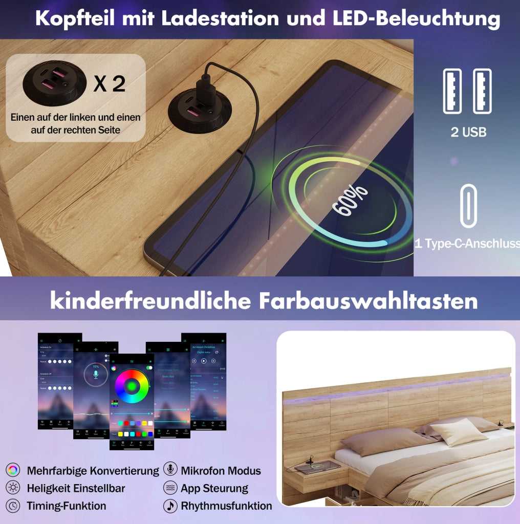 Letto matrimoniale contenitore in MDF naturale con LED; USB e USB-C; con comodini integrati