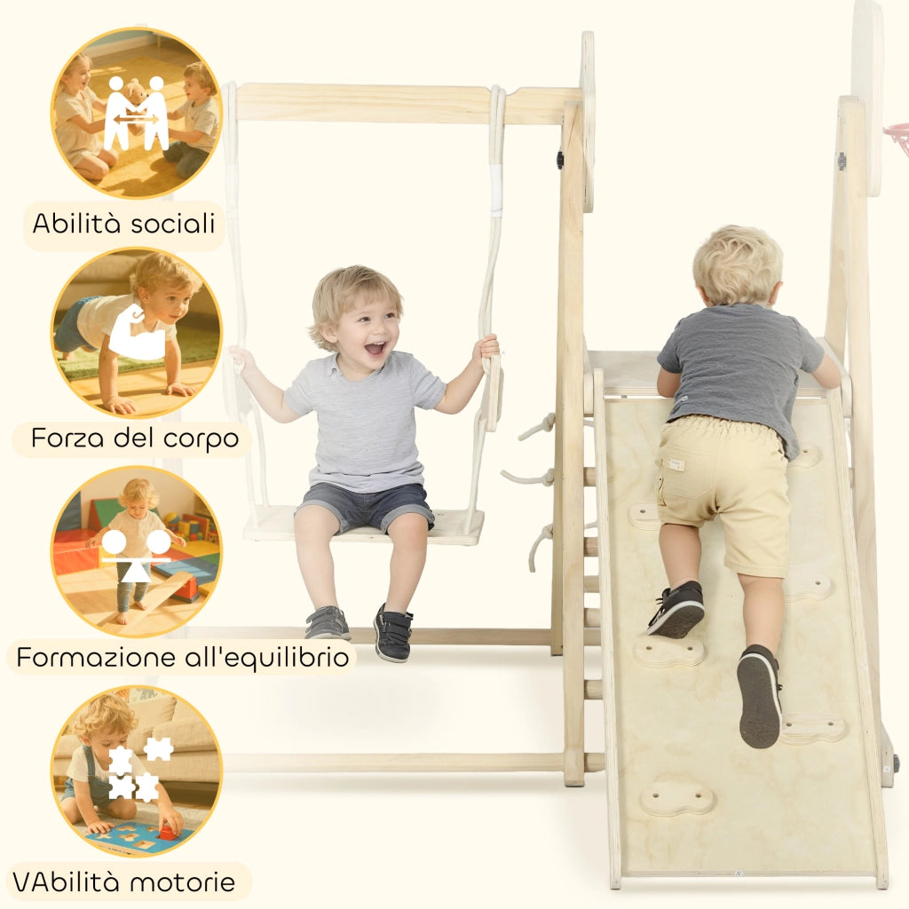 Casa gioco per bambini con scivolo e altalena ¨C Minimal ¨C legno 140x172.5x116.5 cm