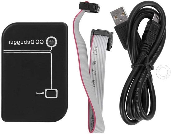 Debugger CC con cavo USB e sistema di connessione a 10 pin per scaricare programmi su chip simulati con simulatore di programmazione