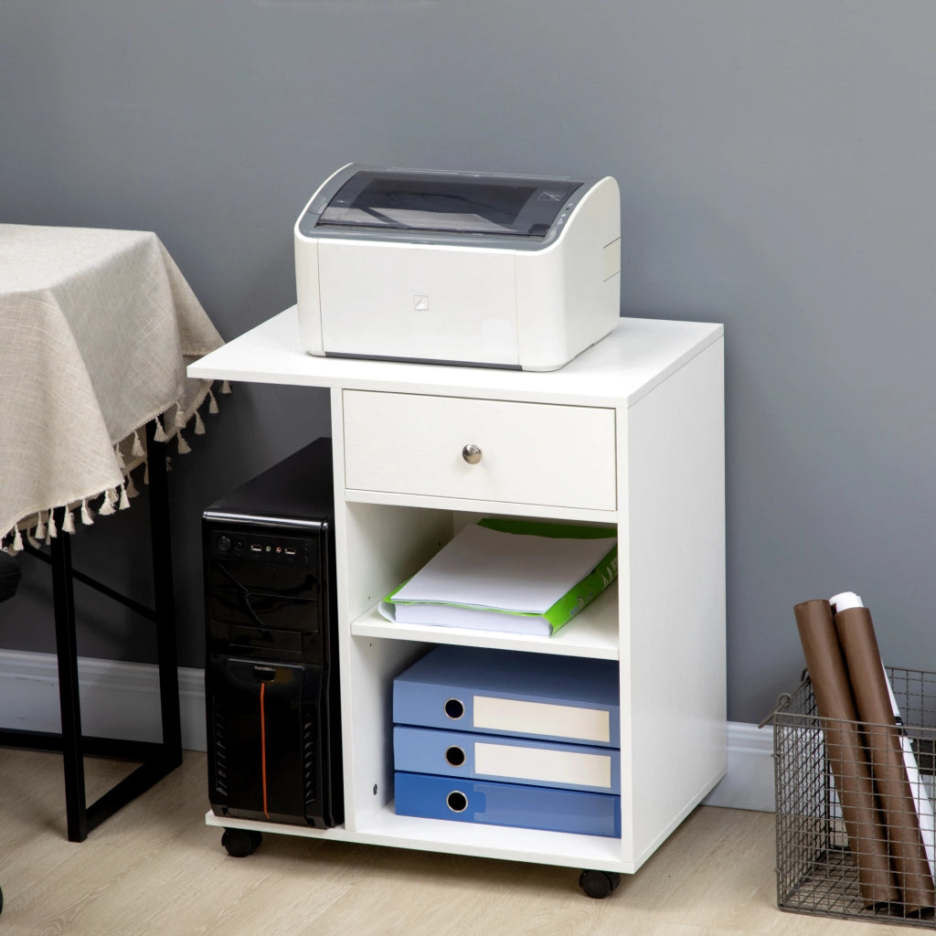 Mobiletto per Stampante in Legno con Ruote e Ripiano Regolabile ¨C Minimal ¨C Bianco