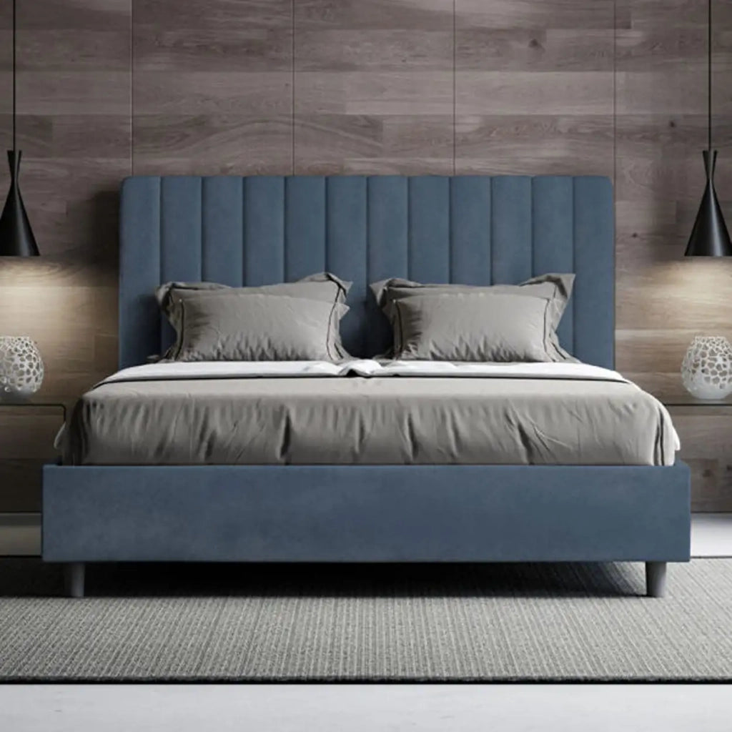Letto matrimoniale con rete imbottito 160x200 microfibra blu Agueda