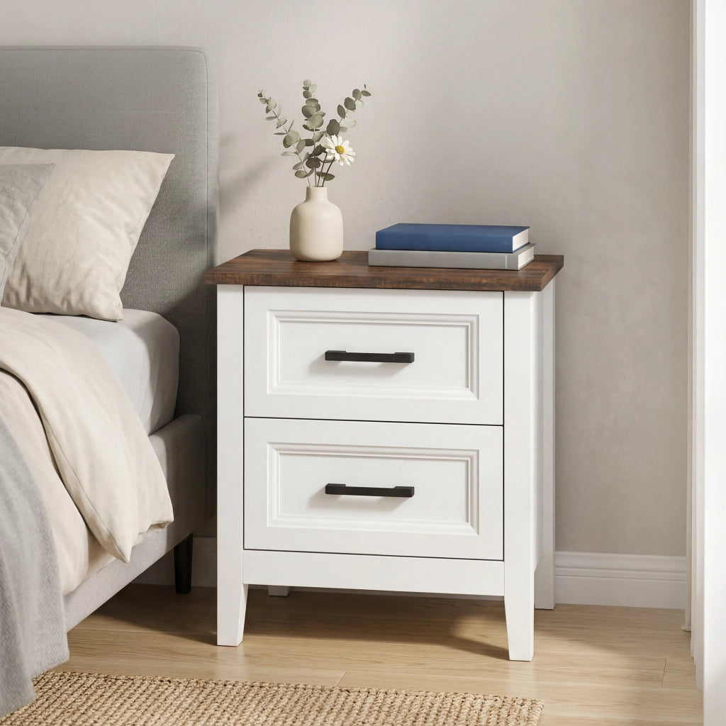Comodino con 2 cassetti ¨C Xylo ¨C effetto legno bianco stile rustico