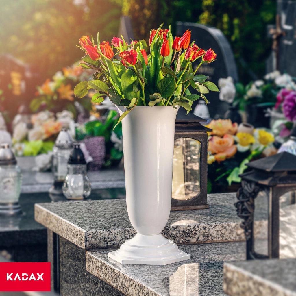 Vaso/bottiglia KADAX per cimitero, tomba, funerale, in plastica bianca, 23 cm, resistente al gelo.