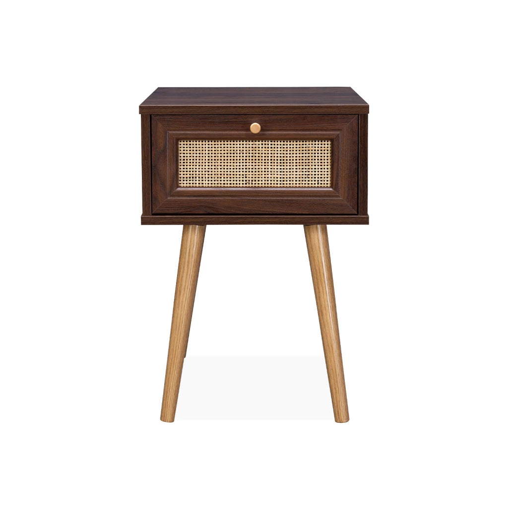 Comodino effetto legno e intrecciatura cannage, 1 cassetto, marrone