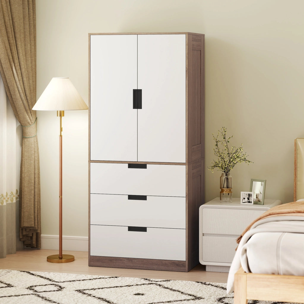 Armadio a 2 ante con 3 cassetti e appendiabiti ¨C Minimal ¨C marrone