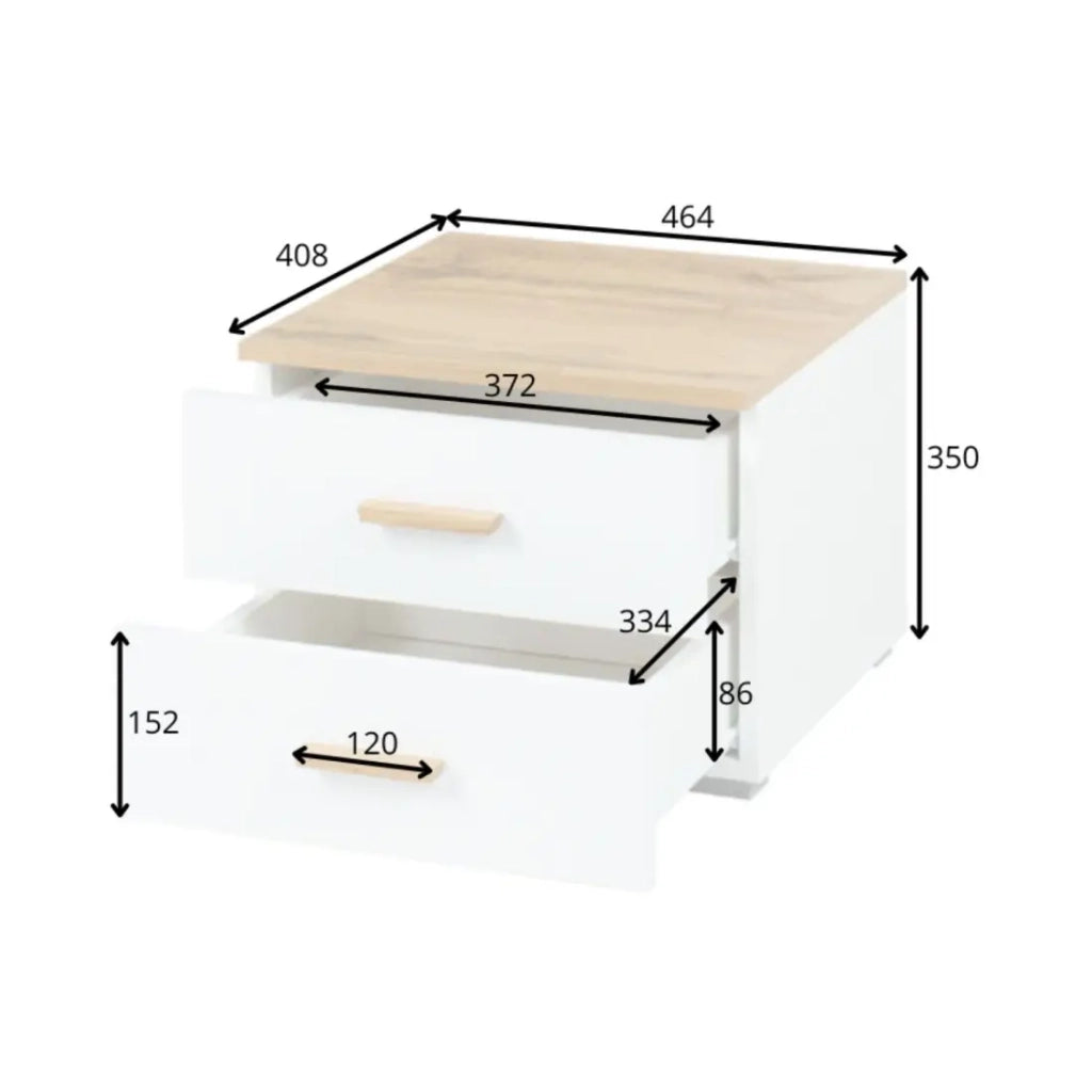 Camera completa WOOD con letto 160 x 200 cm LED, armadio 250 cm, cassettiera e comodini – Rovere e bianco
