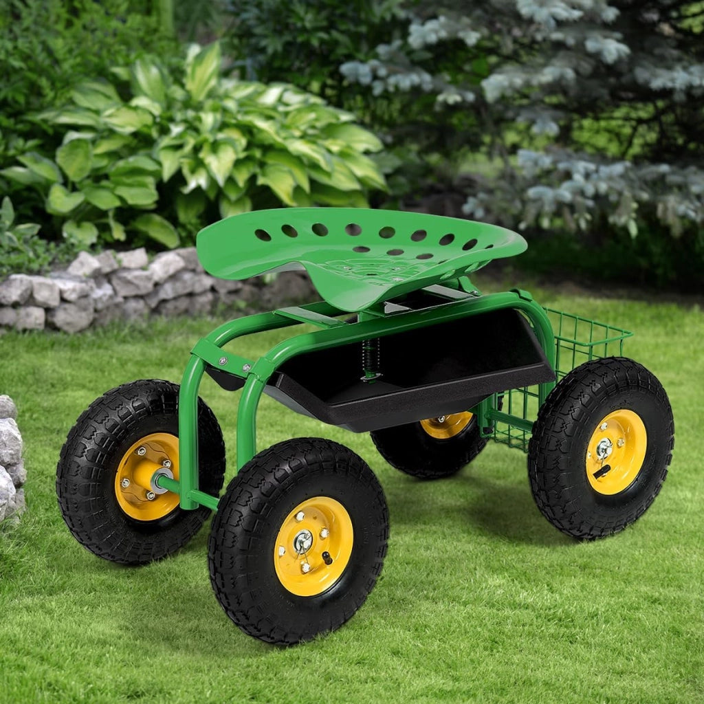 Sedia a rotelle per giardinaggio, da giardino, girevole a 360° e regolabile in altezza, altezza 46-53 cm, portata 150 kg, con ripiano e cesto, per giardinaggio e cura auto (verde)