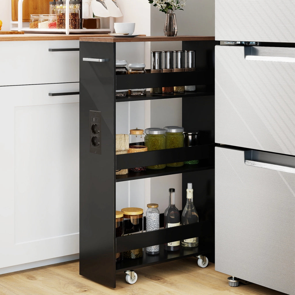 Carrello da cucina 4 ripiani con stazione di ricarica maniglia e parapetti-Scaffale stretto a sfilo con ruote bloccabili per cucina  Nero e noce 20cm