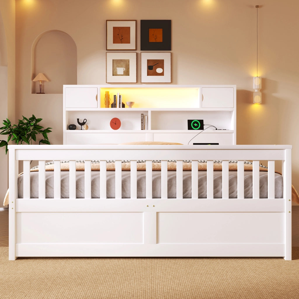 Letto a piattaforma con ripiani e cassetti - Zephmum- 160x200 cm, LED, USB, bianco