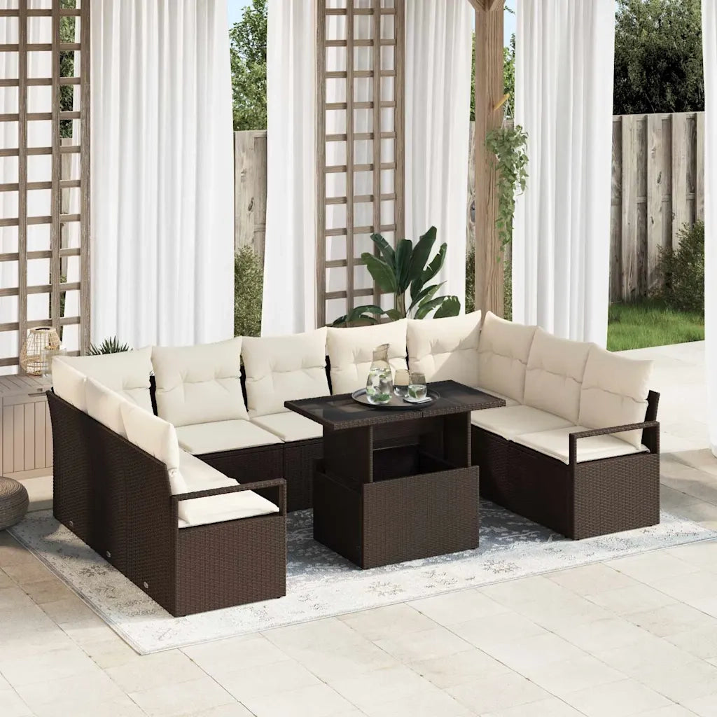 Set Divano da Giardino 10 pcs Marrone e Crema polyrattan