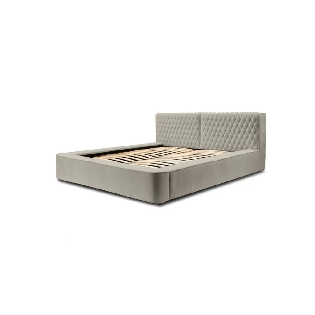 Letto contenitore VERNON – Tessuto bouclé chenille Taupe fumé – 140x200 cm – Rete sollevabile – Design di alta gamma