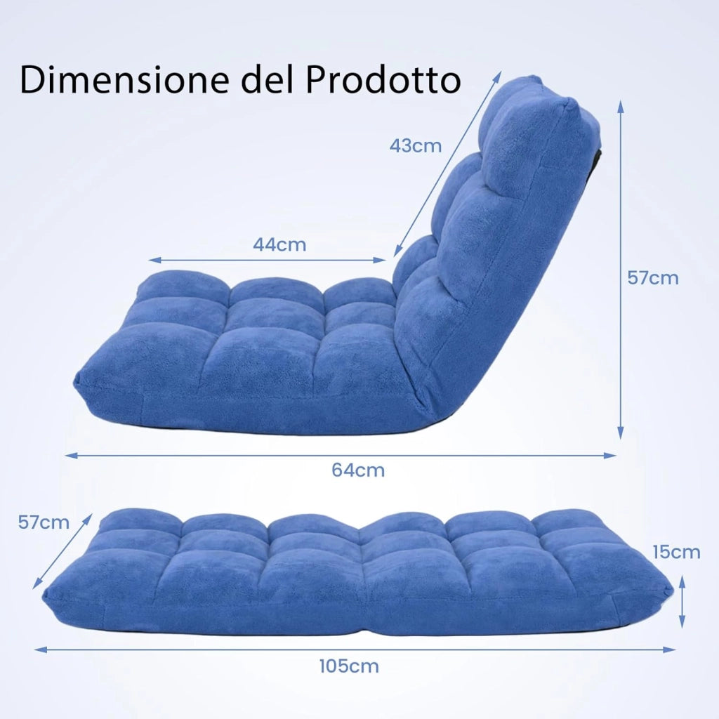 Sedia da Pavimento, Poltrona Imbottita Regolabile in 14 Posizioni 90°-180°, Cuscino da Terra Pighevole Imbottito, Sedia Reclinabile per Relax, Yoga, Lettura (Blu)
