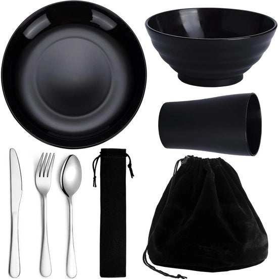 Set di cucina per campeggio - Set di bicchieri/tazze/piatti - Utensili in acciaio inossidabile - Resistenti alla lavastoviglie - Leggeri - Borsa nera - Servizio da campeggio