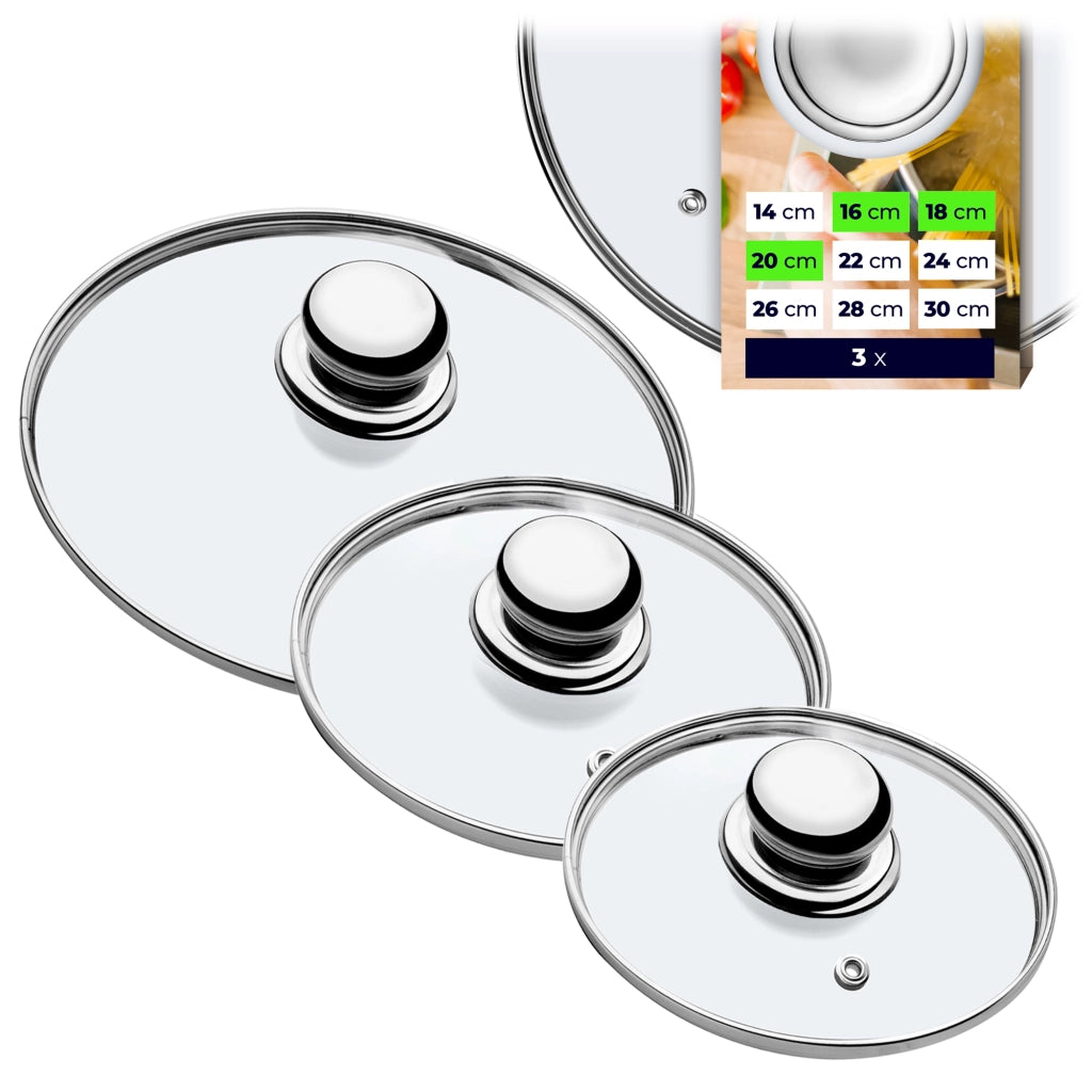 Set di coperchi in vetro KADAX resistenti al calore per pentole e padelle da 16/18/20 cm.