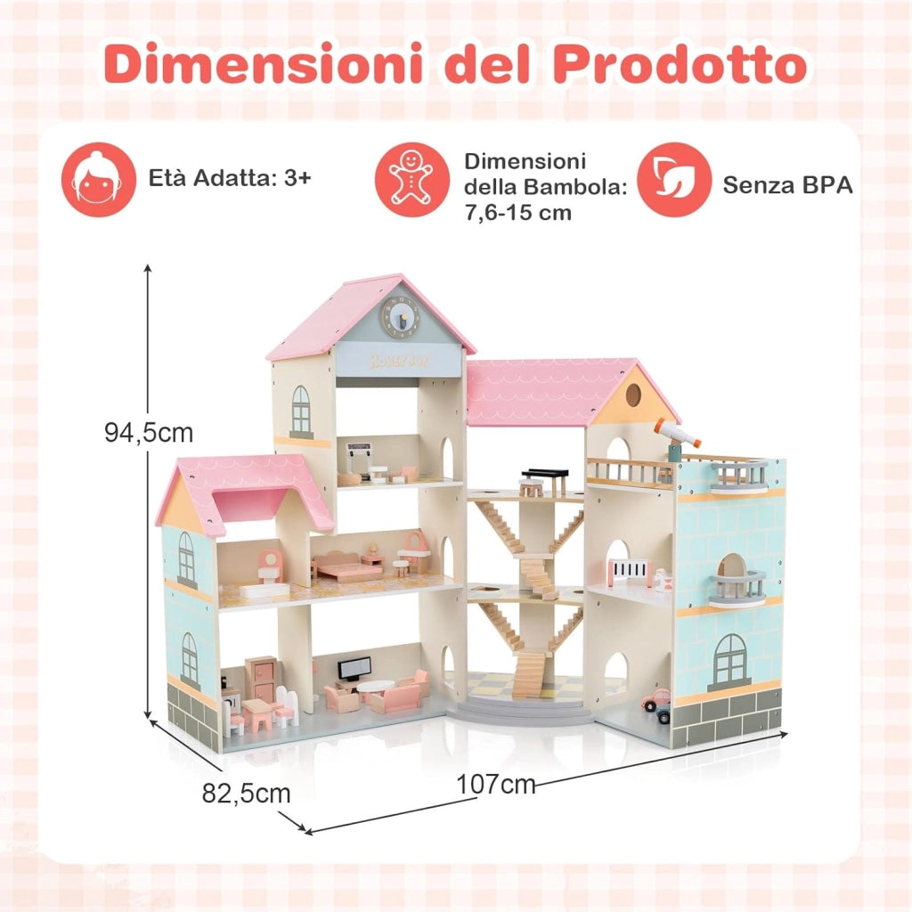 Casa delle Bambole in Legno, Casetta delle Bambole a 3 Piani con 41 Mobili e Accessori, Giocattolo per Bambini 3+ Anni,107 x 82,5 x 94,5 cm (Rosa)