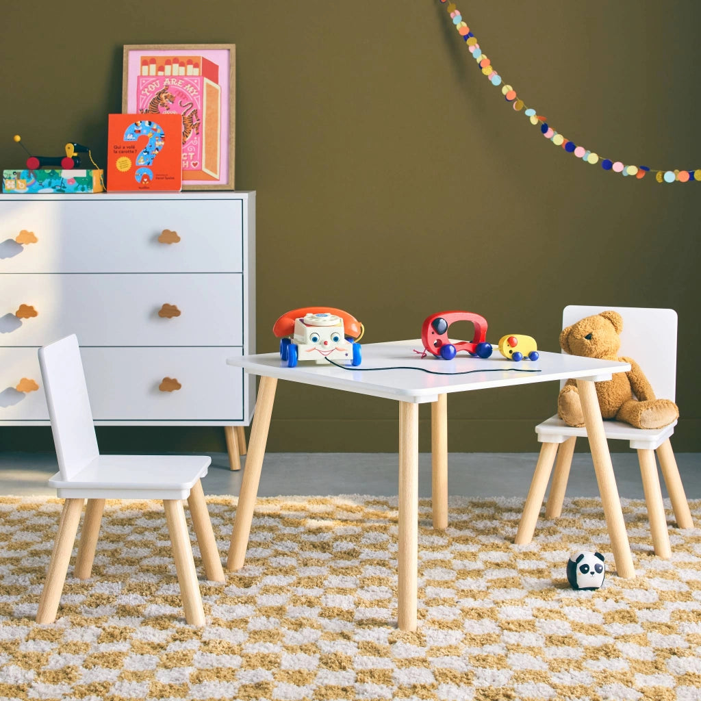 Tavolo quadrato per bambini con 2 sedie, bianco