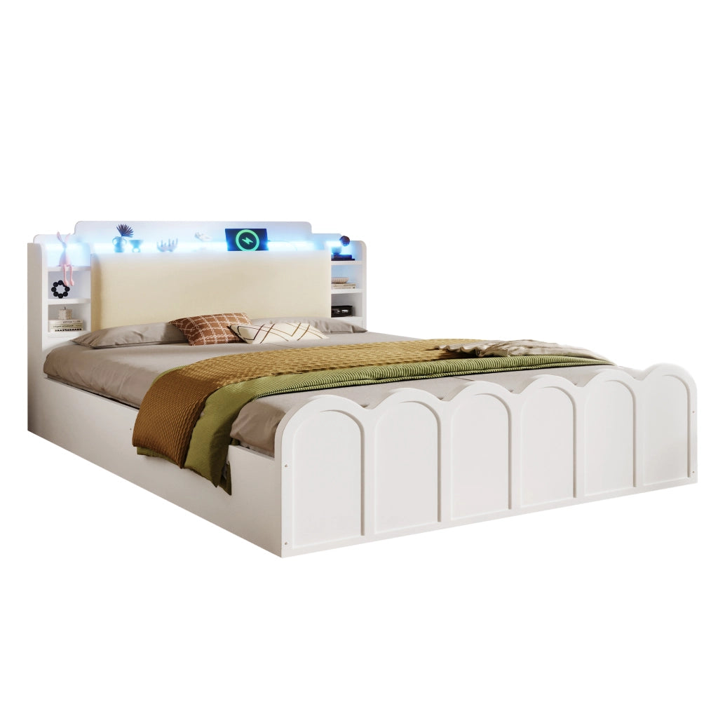 Letto Contenitore Imbottito con LED e USB ¨C MINIMAL ¨C Bianco 140x200