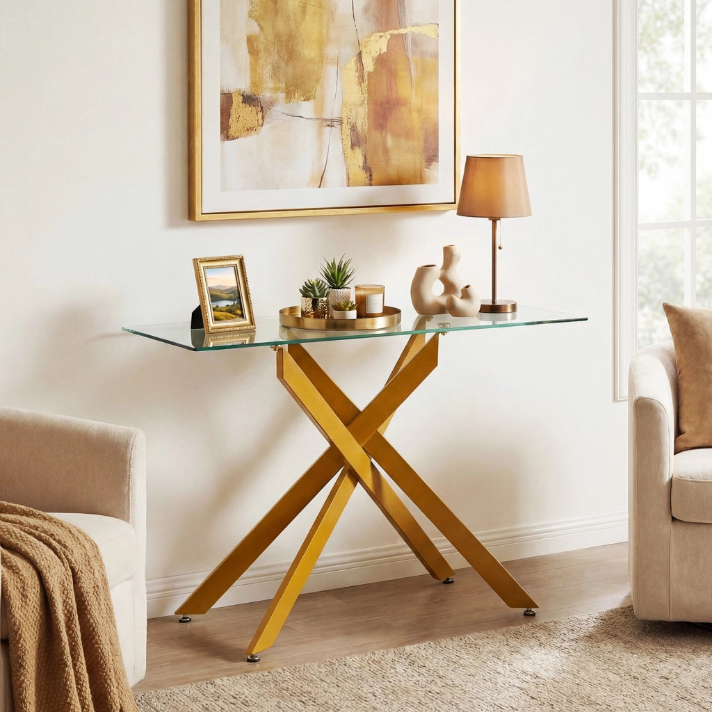 Tavolino consolle in vetro piano temperato trasparente gambe tubolari metalliche, Tavolo moderno 115 cm divano soggiorno corridoio ingresso Oro