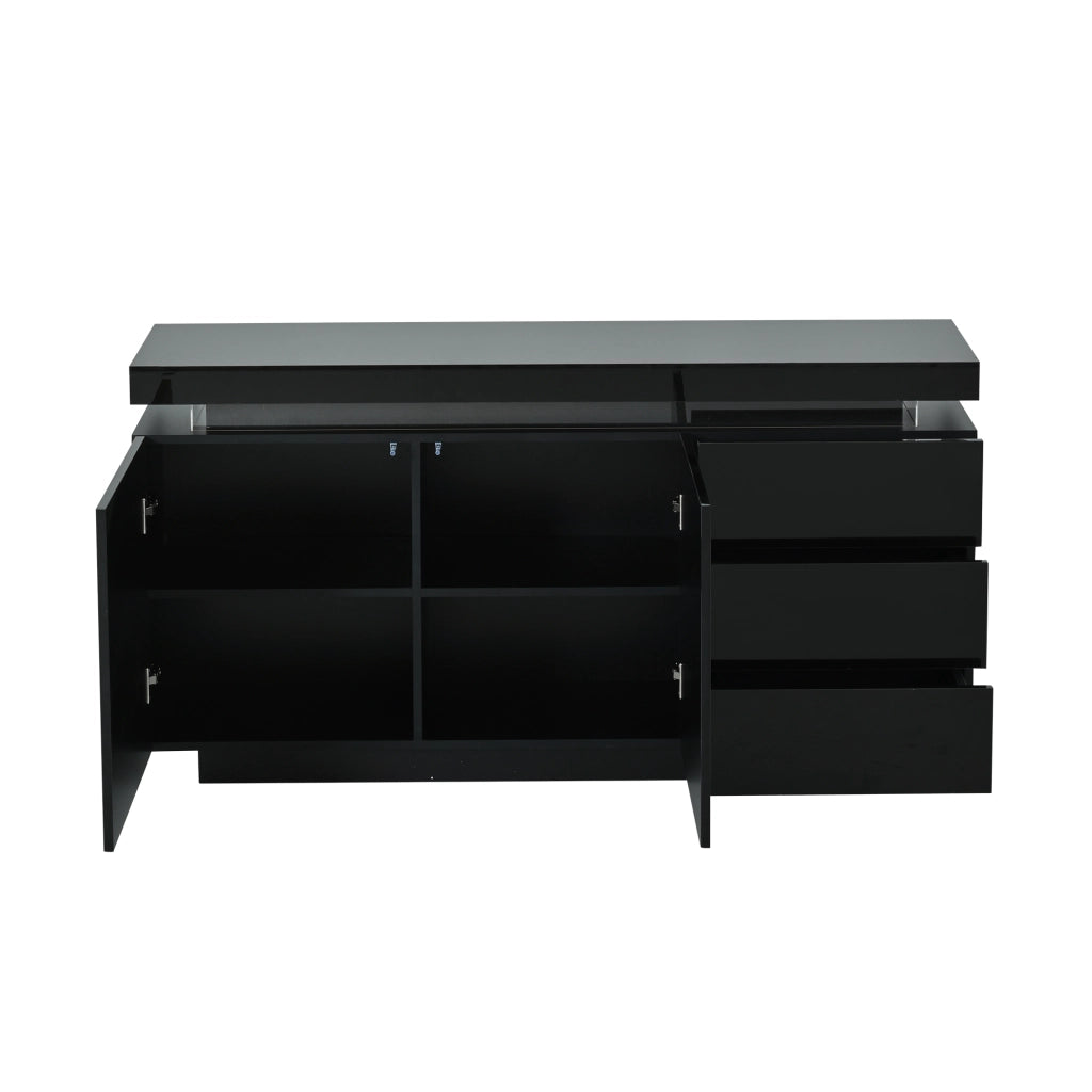 Credenza Moderna con LED ¨C Xylo ¨C Nero Lucido, 2 Ante, 3 Cassetti, 140x35x72.5