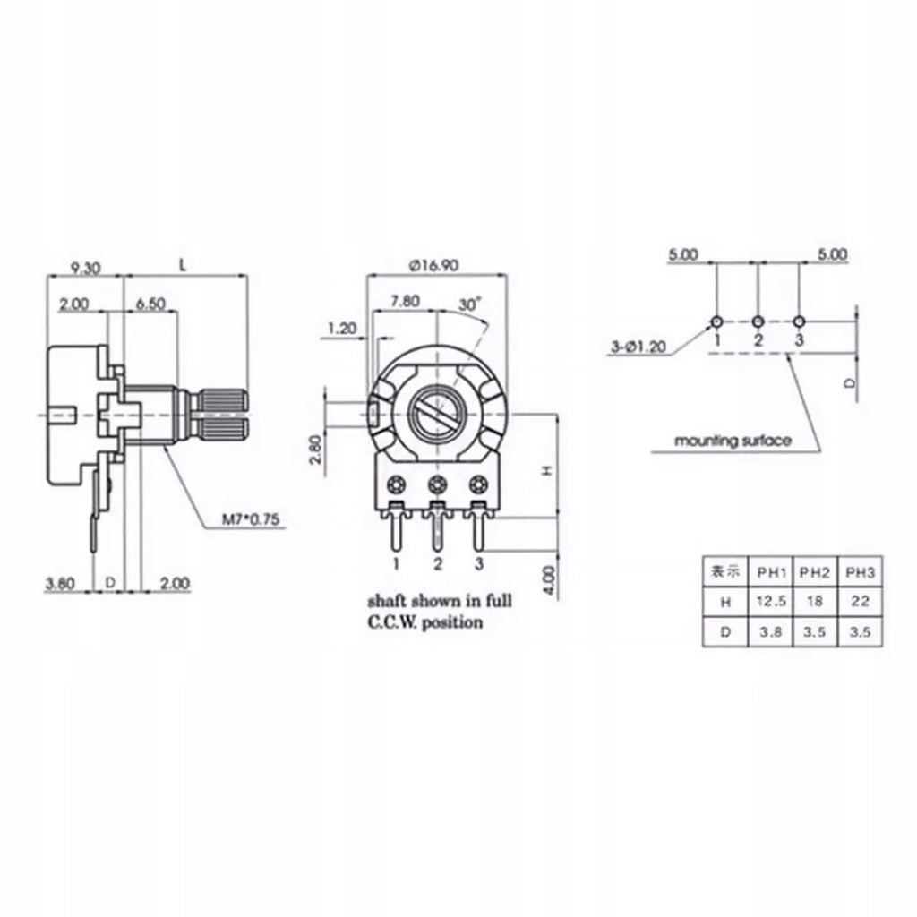 Potenziometro Lineare Rotativo B10K 10K Ohm – Metallo, Asse 15mm, 300° | Tolleranza +/- 20%, Potenza 0,125W